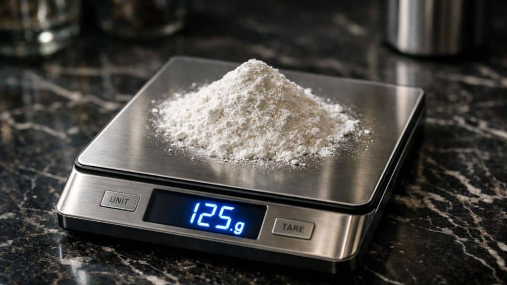 Balance de cuisine numérique moderne en acier inoxydable sur un plan de travail en marbre blanc pour une mesure de précision.