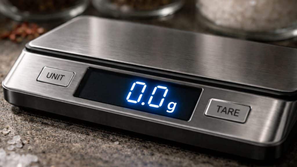 Gros plan sur l'écran LCD et les boutons d'une balance de cuisine électronique propre pour illustrer l'ergonomie et l'entretien.
