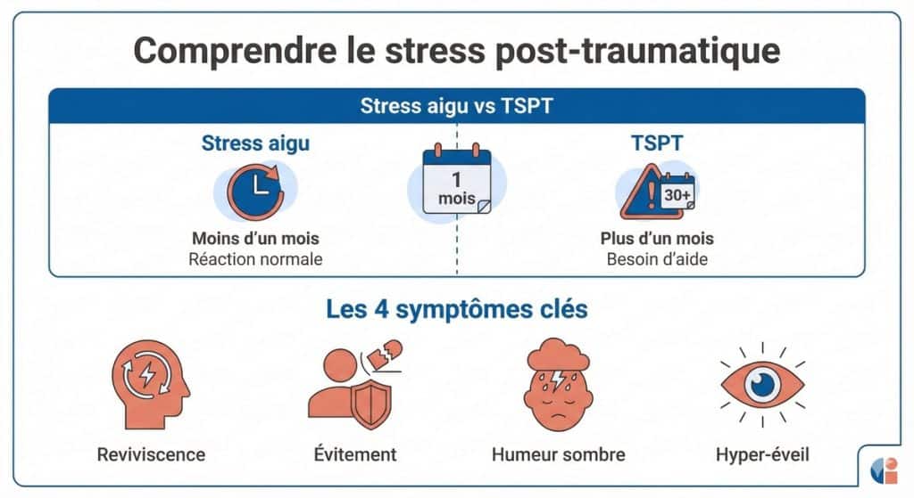 Infographie comparative expliquant le Stress Post-Traumatique (TSPT). Partie supérieure : distinction entre stress aigu (moins d'un mois) et TSPT (plus d'un mois). Partie inférieure : icônes des 4 symptômes clés (Reviviscence, Évitement, Humeur sombre, Hyper-éveil).