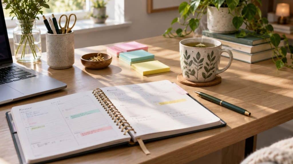 Carnet de planification ouvert sur un bureau en bois avec notes colorées, tasse de thé et plantes vertes.