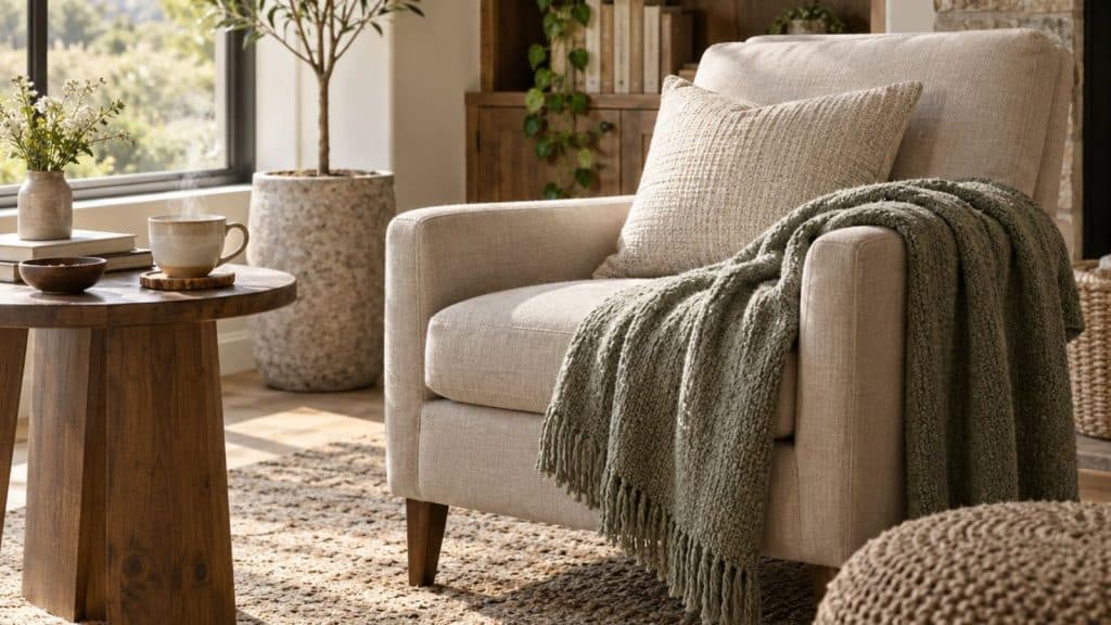 Fauteuil beige avec un plaid vert olive dans un salon lumineux, près d’une table en bois, d’une tasse et de plantes vertes.